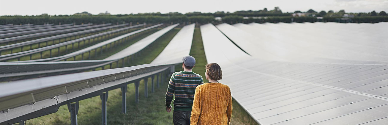 Zwei junge Landwirte laufen zwischen Solarpanelen