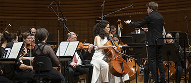 Eine junge Cellistin spielt mit Musikerinnen und Musikern des Luzerner Sinfonieorchesters im KKL